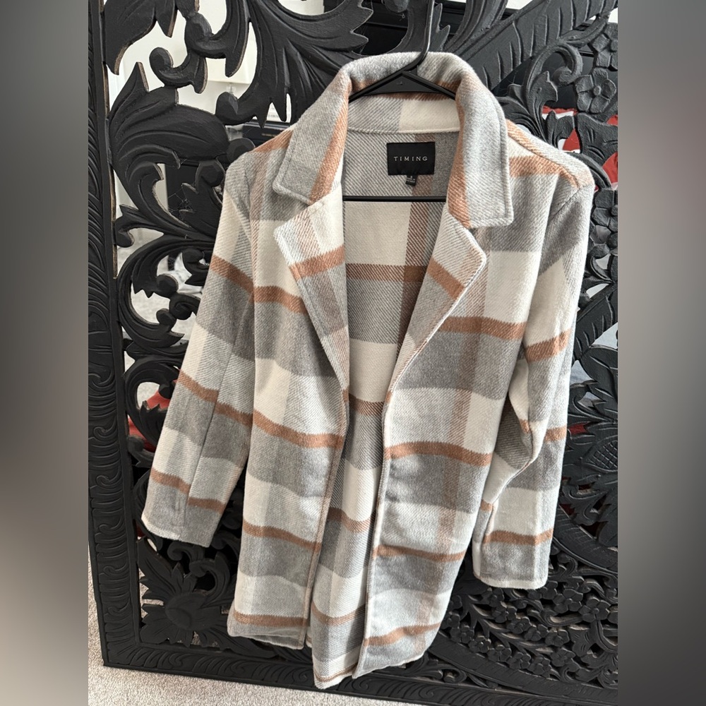 Gray, Tan & White Plaid Open-Front Trench Coat